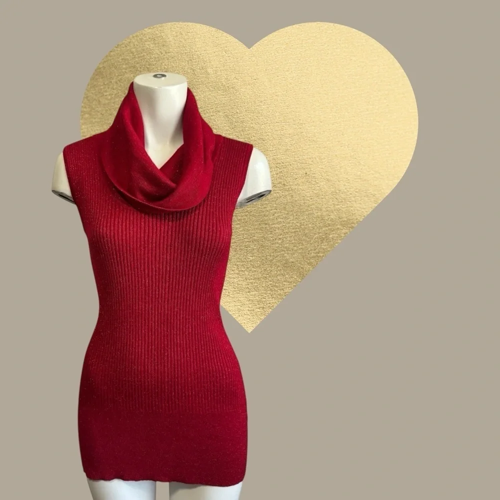 Ribbed Red Cowl Neck Tunic Sweater Women’s Medium Parisian Chic Minimalist
